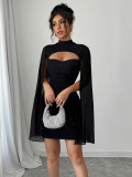 Women Round Neck Ribbed Pearl Chiffon Cape Bodycon Dress