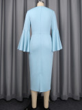 Fashion Heart Neck Colorblock Bell Sleeve Slim Waist Slim Fit Bodycon Elegant Formal Party Dress