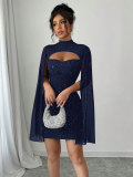 Women Round Neck Ribbed Pearl Chiffon Cape Bodycon Dress