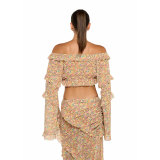 Women Chiffon Long-Sleeve Top and Floral Slit Skirt Beach Holidays Two Pieces