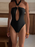 Women's Sexy Halter Neck Cutout Solid One-Piece Bikini Swimsuit