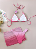 Women's Gradient Flower Lace-Up Mesh Skirt Bikini Three-Piece Set