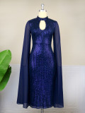 Plus Size Navy Sequin Stand Collar Cutout Cape Sleeve Bodycon Formal Party Dress