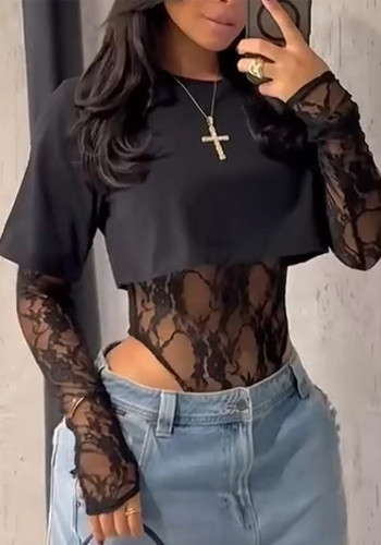 Women Summer Lace Bodysuit and Round Neck Long-Sleeve Top Two-Piece Set