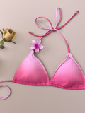 Women's Gradient Flower Lace-Up Mesh Skirt Bikini Three-Piece Set