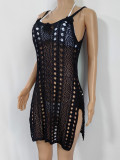Women's Hollow Split Crochet Patchwork Holiday Beach Cover-Up Dress