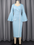 Fashion Heart Neck Colorblock Bell Sleeve Slim Waist Slim Fit Bodycon Elegant Formal Party Dress