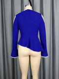 Colorblock Cutout Bell Sleeve Off Shoulder Ruffle Slim Waist Party Top