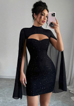 Women Round Neck Ribbed Pearl Chiffon Cape Bodycon Dress