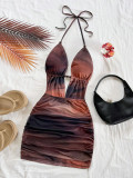 Women Holidays Printed Cross Halter Neck Backless Bodycon Dress