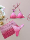 Women's Gradient Flower Lace-Up Mesh Skirt Bikini Three-Piece Set