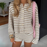 Women Spring/Summer Striped Top and Shorts Two-Piece Set
