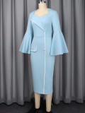 Fashion Heart Neck Colorblock Bell Sleeve Slim Waist Slim Fit Bodycon Elegant Formal Party Dress