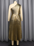 Golden One Shoulder Pleated Slim Waist A-Line Formal Party Evening Dress