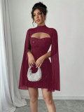 Women Round Neck Ribbed Pearl Chiffon Cape Bodycon Dress