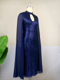 Plus Size Navy Sequin Stand Collar Cutout Cape Sleeve Bodycon Formal Party Dress
