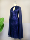 Plus Size Navy Sequin Stand Collar Cutout Cape Sleeve Bodycon Formal Party Dress