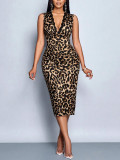 Women Leopard Print V-Neck Slash Sleeveless Lace Dress