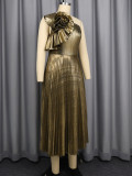 Golden One Shoulder Pleated Slim Waist A-Line Formal Party Evening Dress