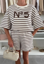 Women Casual Striped Round Neck Short-Sleeve Top and Shorts Two-Piece Set Women Casual Striped Round Neck Short-Sleeve Top and Shorts Two-Piece Set