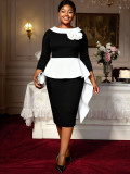Plus Size Women Colorblock Floral Long-Sleeve Ruffle Slim-Waist Elegant Dress