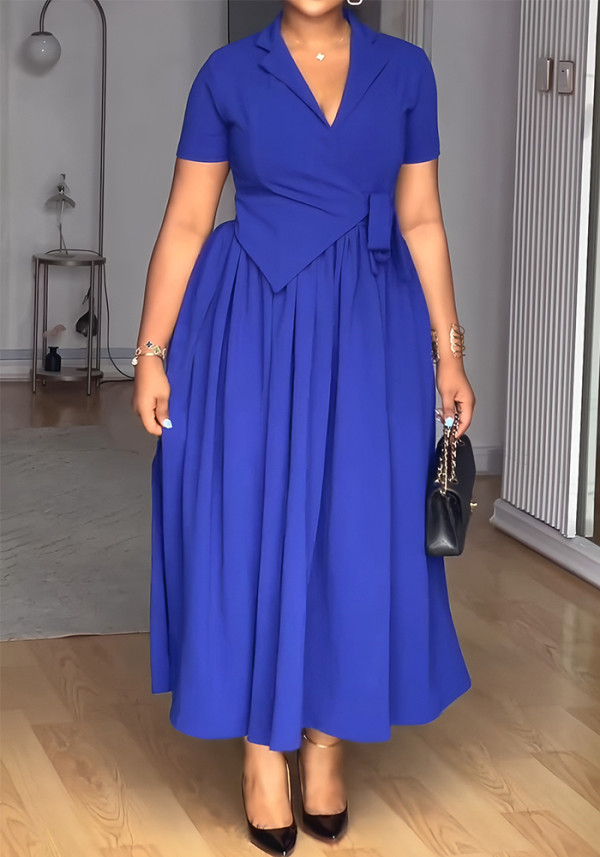 Women Casual Career Slim Short-Sleeve Turn-Down Collar A-Line Dress
