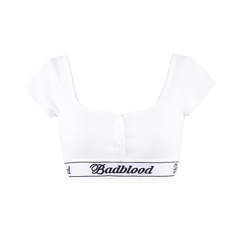 Women Short-Sleeve Crop Dance Yoga Buttoned Square-Neck T-Shirt with Triangle Briefs
