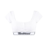 Women Short-Sleeve Crop Dance Yoga Buttoned Square-Neck T-Shirt with Triangle Briefs