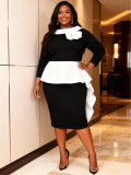 Plus Size Women Colorblock Floral Long-Sleeve Ruffle Slim-Waist Elegant Dress