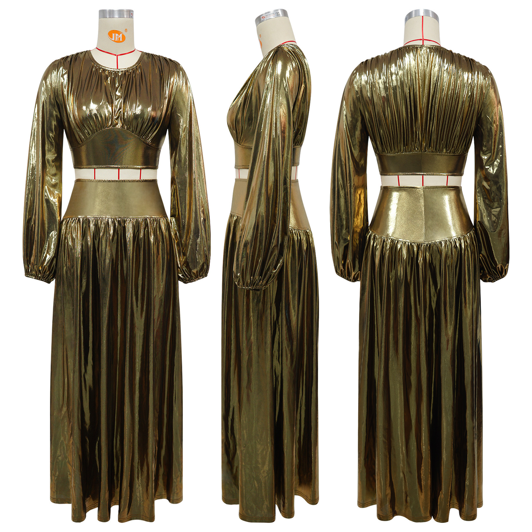 Women Round-Neck Lantern-Sleeve Slim-Waist Flared Skirt Set