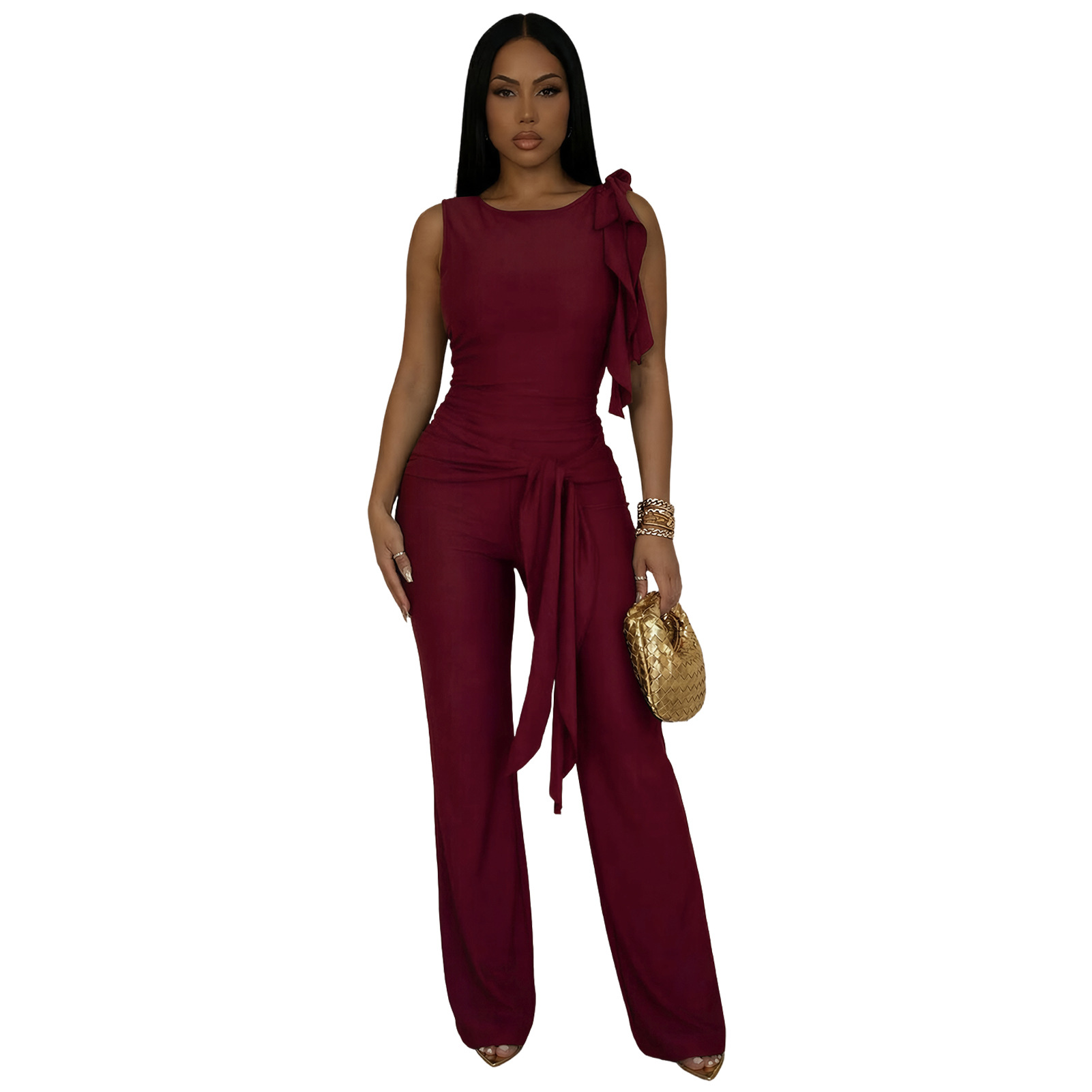 Lace-Up Ruffle Ruched Tank & Bell-Bottom Pants Set