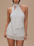 Women Polka Dot Sleeveless Halter Neck Sexy Backless Mesh Mini Dress