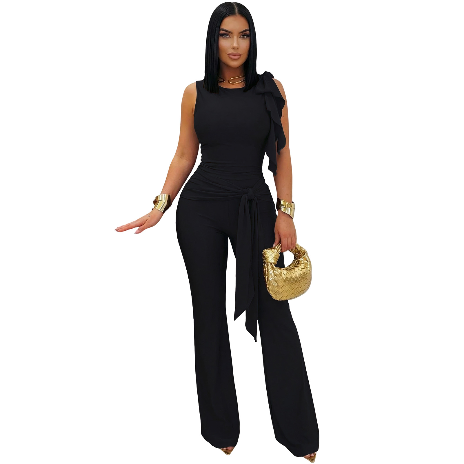 Lace-Up Ruffle Ruched Tank & Bell-Bottom Pants Set