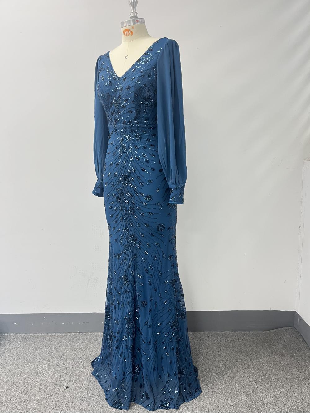 Women Spring/Autumn V-Neck Long-Sleeve Mesh Sequin Mermaid Evening Dress