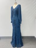Women Spring/Autumn V-Neck Long-Sleeve Mesh Sequin Mermaid Evening Dress