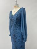 Women Spring/Autumn V-Neck Long-Sleeve Mesh Sequin Mermaid Evening Dress