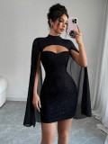 Women Round Neck Ribbed Pearl Chiffon Cape Bodycon Dress