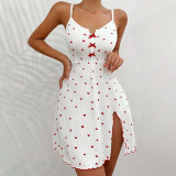 Women Heart-Print Slit Strap Nightdress Sleepwear Outdoor Wear