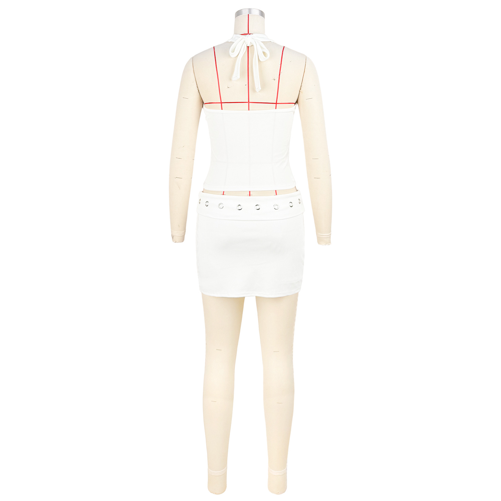 Women Ribbed Halter Lace-Up Two-Piece Skirt Set