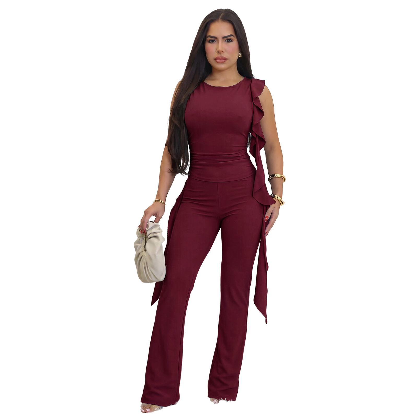 Lace-Up Ruffle Ruched Tank & Bell-Bottom Pants Set