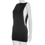 Women Summer Solid Casual Round-Neck Cutout Sexy Sleeveless Short Dress