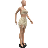 Summer Women Knitted Crochet Tassel Lace-Up Cutout Strap Sexy Skirt Set