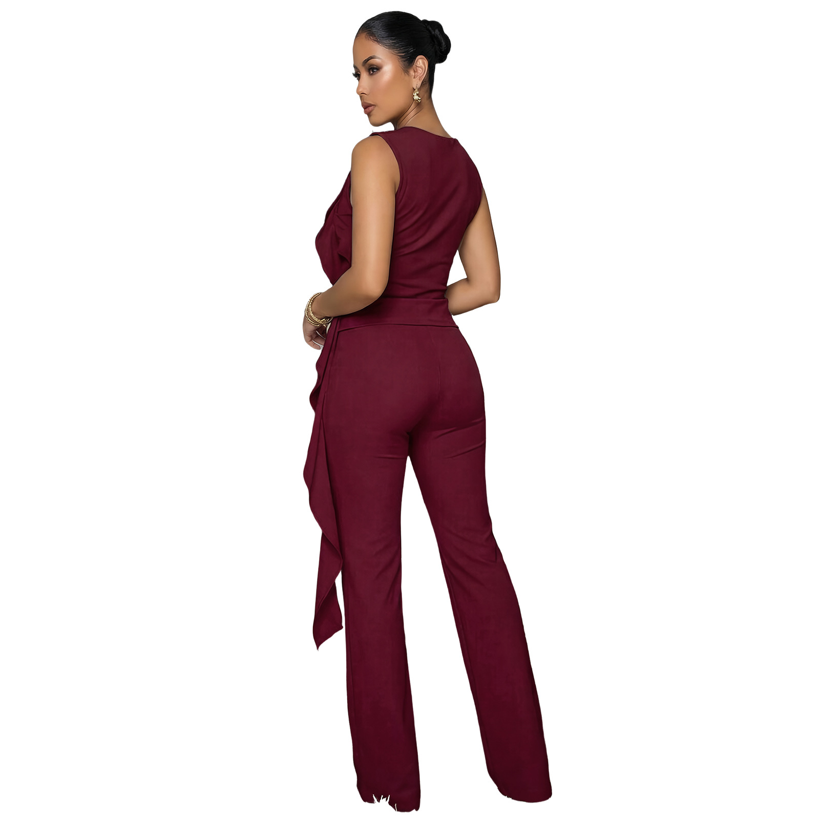 Lace-Up Ruffle Ruched Tank & Bell-Bottom Pants Set