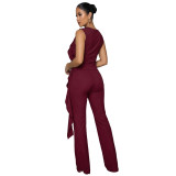 Women Lace-Up Ruffle-Edge Ruched Tank with Bell-Bottom Pants Set