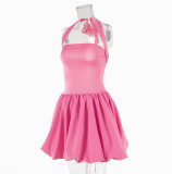 Women Pink Square Neck Backless Sleeveless A-Line Dress