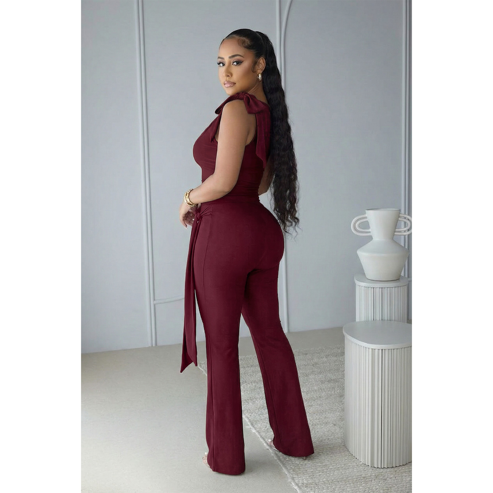 Lace-Up Ruffle Ruched Tank & Bell-Bottom Pants Set