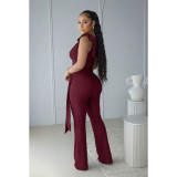 Women Lace-Up Ruffle-Edge Ruched Tank with Bell-Bottom Pants Set