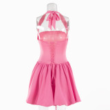Women Pink Square Neck Backless Sleeveless A-Line Dress