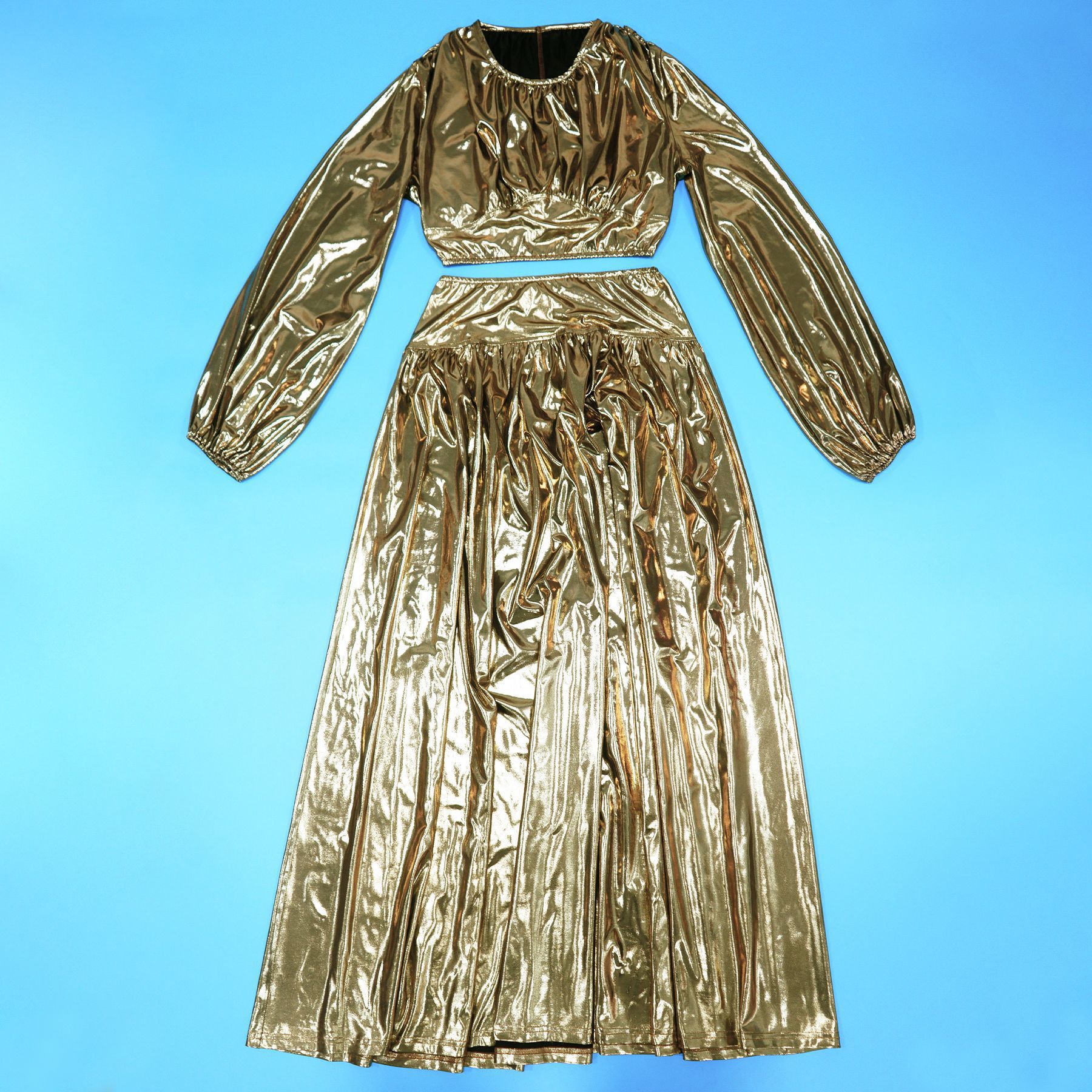 Women Round-Neck Lantern-Sleeve Slim-Waist Flared Skirt Set