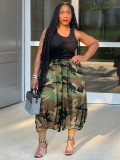 Women Fashion Casual Camouflage-Print Elastic-Waist Lantern Capri Pants